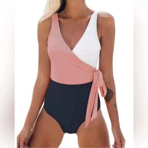 Cupshe Other - NWT Cupshe Colorblock Tricolor Faux Wrap One Piece Swim Suit
